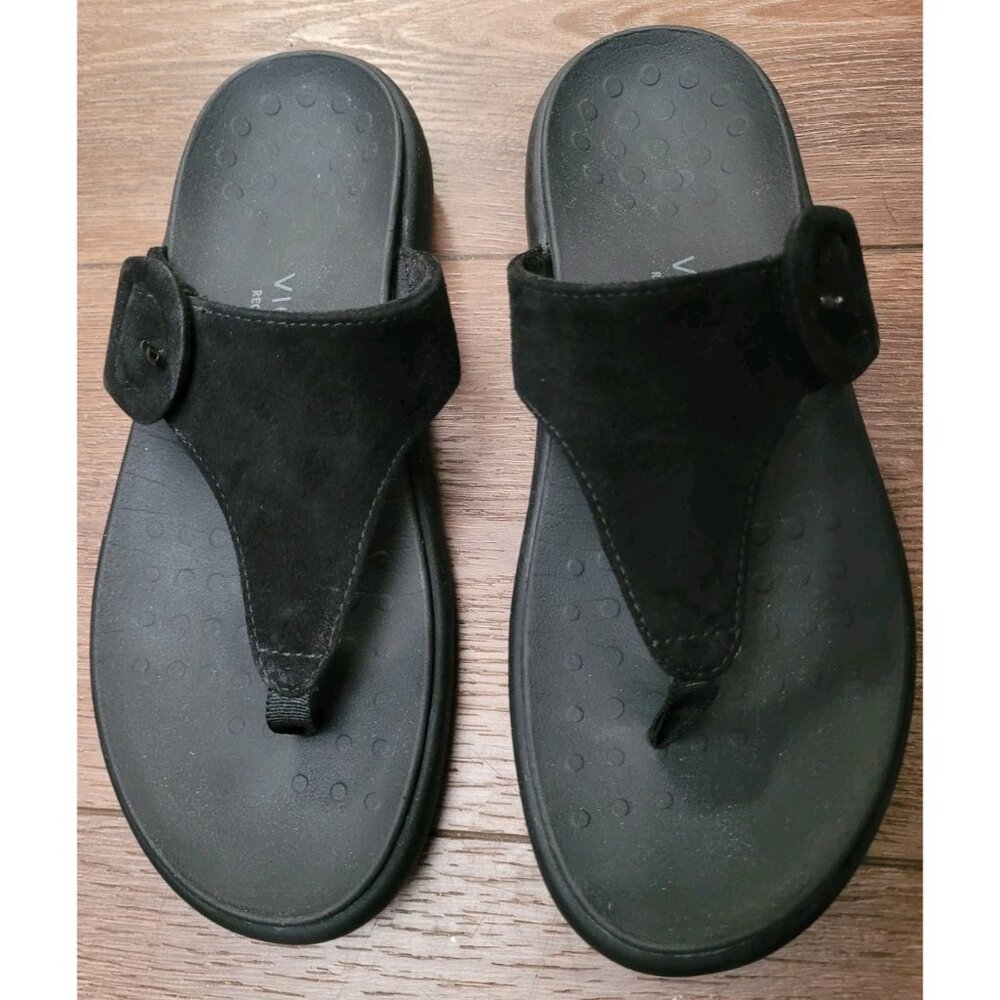 Vionic Activate Rx Toe Post Sandals Womens 7.5 Black Suede Flip Flop Excellent